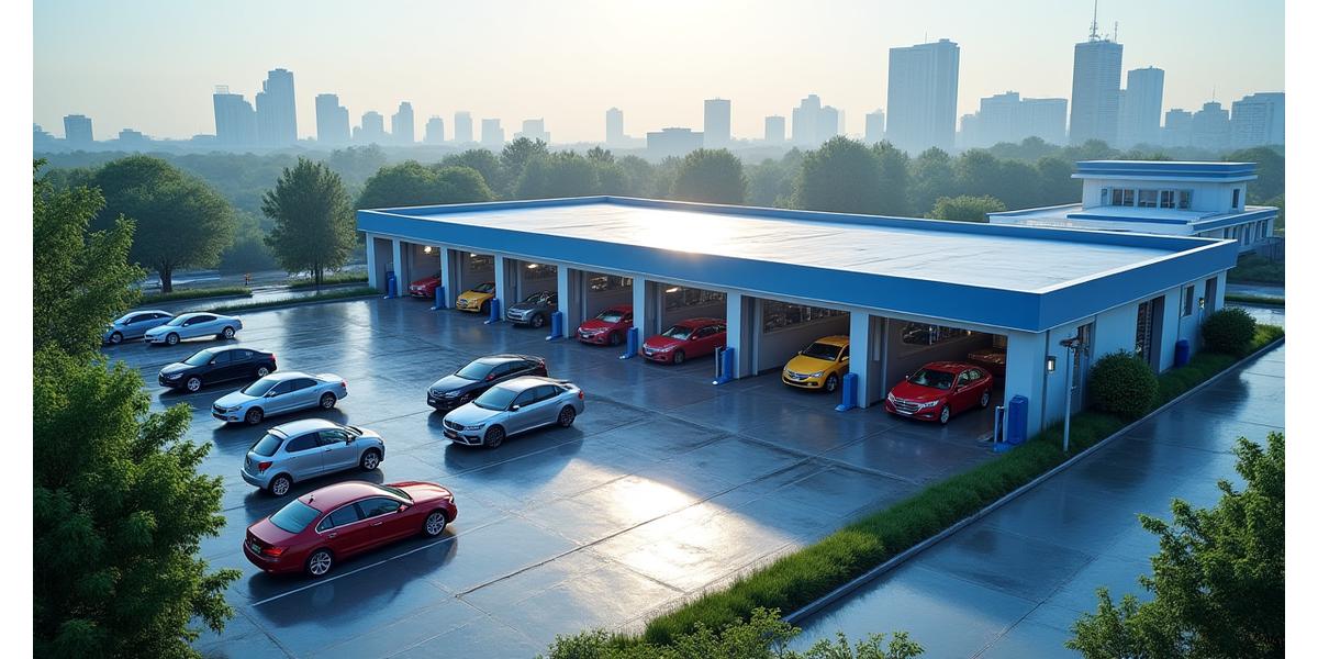 Vue aérienne d'un centre de lavage automobile moderne, symbolisant le succès et l'efficacité